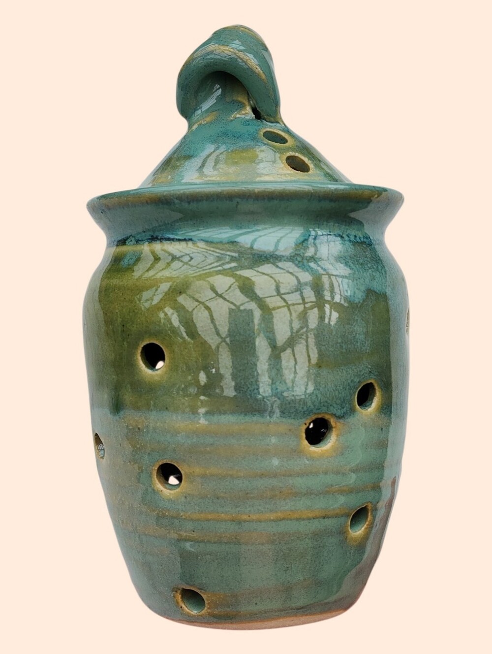 Holman Pottery Garlic Keeper Jar in Sea Pearl Green Ventilation Holes 6"